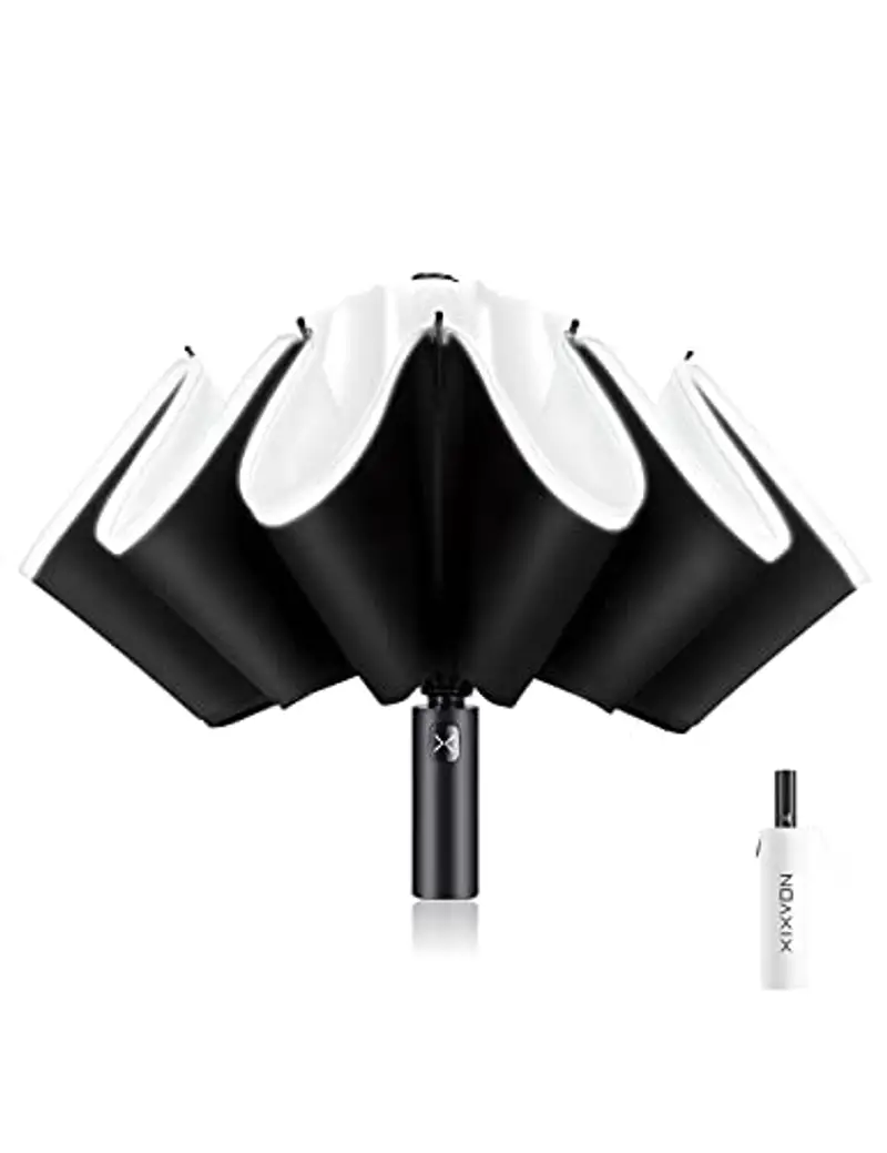 XIXVON Ombrello Pro (10 Bacchette, Bianco) | 99% Protezione UV UPF 50+, Striscia Di Sicurezza Riflettente, Resistenza Antivento, Portatile, Automatico | Ombrello Inverso