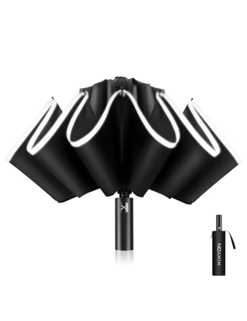 XIXVON Ombrello Pro (10 Bacchette, Nero) | 99% Protezione UV UPF 50+, Striscia Di Sicurezza Riflettente, Resistenza Antivento, Portatile, Automatico | Ombrello Inverso