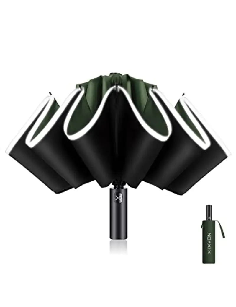 XIXVON Ombrello Pro (10 Bacchette, Verde) | 99% Protezione UV UPF 50+, Striscia Di Sicurezza Riflettente, Resistenza Antivento, Portatile, Automatico | Ombrello Inverso