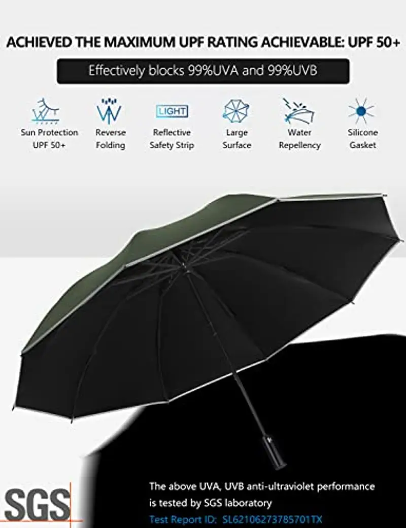 XIXVON Ombrello Pro (10 Bacchette, Verde) | 99% Protezione UV UPF 50+, Striscia Di Sicurezza Riflettente, Resistenza Antivento, Portatile, Automatico | Ombrello Inverso miniatura 2