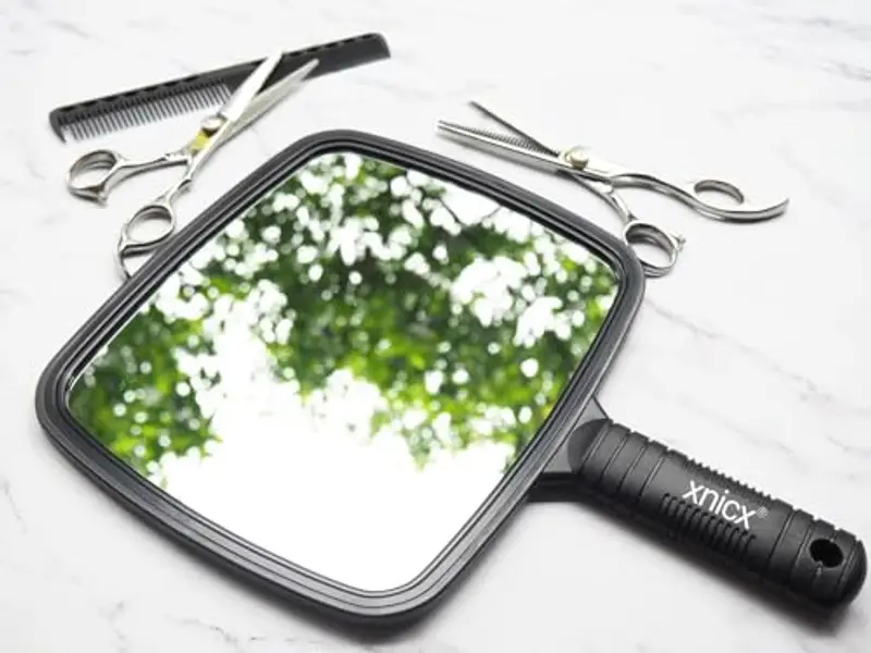 xnicx Specchio a mano con manico, professionale specchio portatile con manico, per Salone Parrucchiere Barbiere, specchi a mano per trucco, viaggi, parrucchiere e rasatura miniatura 2