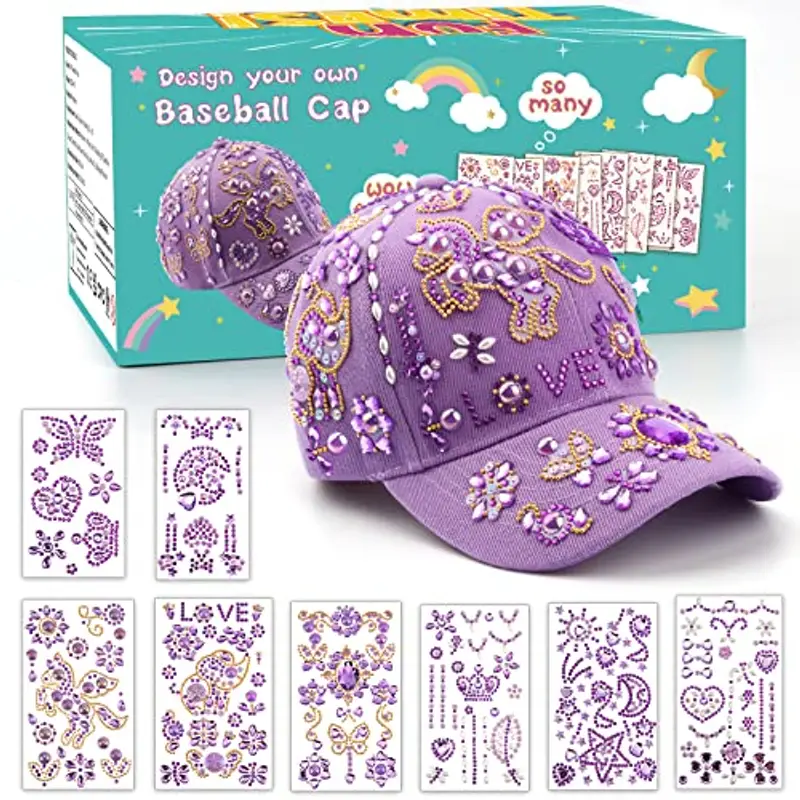 Xourspaty Natale Regalo Bambina 4 5 6 7 8 9 10 11 12 Anni, Kit Cappellino da Baseball Fai Da Te Ragazze, Idee Regali Bambina Compleanno, DIY Berretto da Baseball con Gemma Stickers, Regalo Cappello