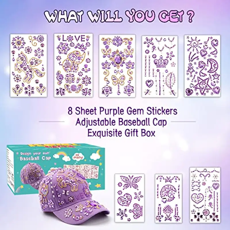 Xourspaty Natale Regalo Bambina 4 5 6 7 8 9 10 11 12 Anni, Kit Cappellino da Baseball Fai Da Te Ragazze, Idee Regali Bambina Compleanno, DIY Berretto da Baseball con Gemma Stickers, Regalo Cappello miniatura 2