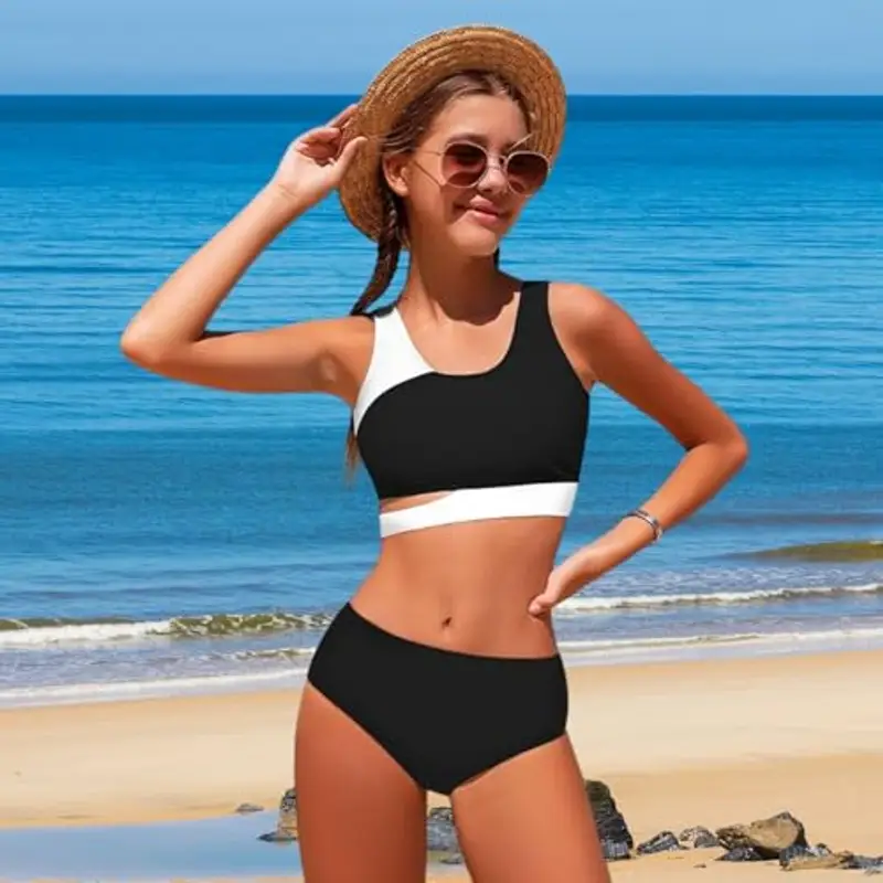 Xumplo Costume da bagno da bambina, 3 pezzi, con pantaloncini e pantaloncini, Nero, 12-14 Anni miniatura 2