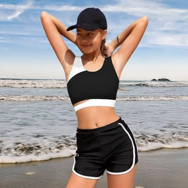 Xumplo Costume da bagno da bambina, 3 pezzi, con pantaloncini e pantaloncini, Nero, 12-14 Anni miniatura 3