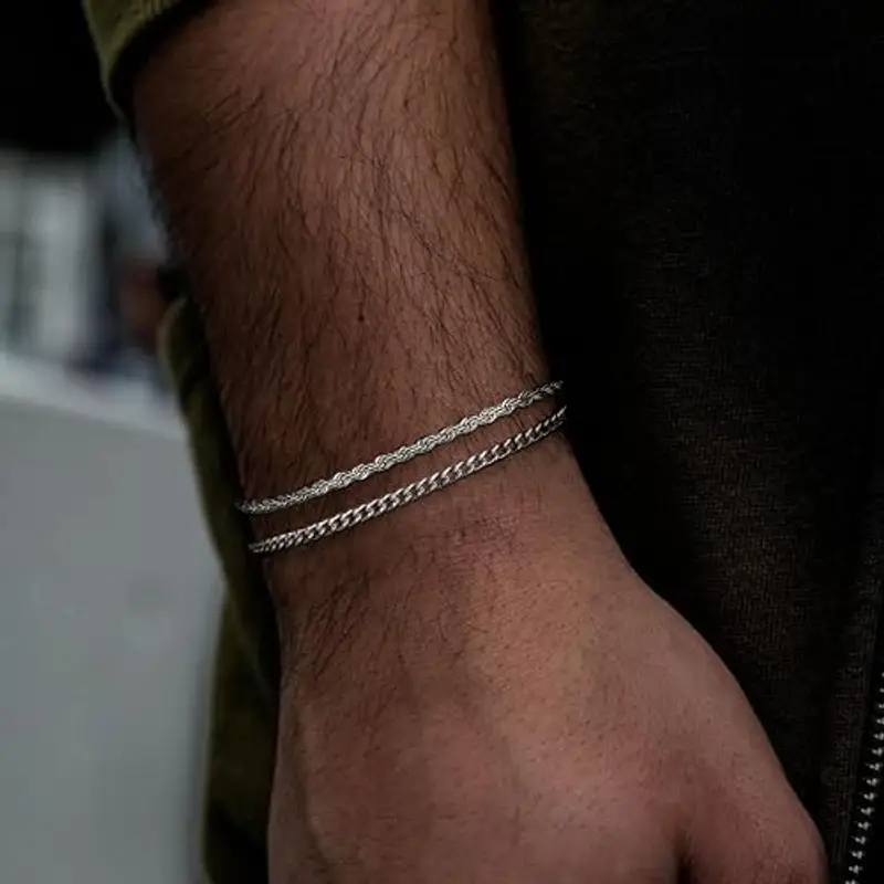 YADOCA Bracciale Impilabile per Uomo e Ragazzi - Set Polsino Serpente, Corda Cubana, Catena 21cm - Gioielli Regali per miniatura 3