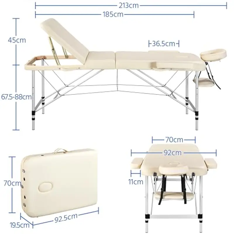 Yaheetech Lettino da Massaggio 3 Zone Pieghevole Portatile Alluminio 213 x 70 cm Fisioterapia Altezza Regolabile Poggiatesta e Braccioli Staccabili Portata 250 kg con Sacchetto per Polvere Beige miniatura 2