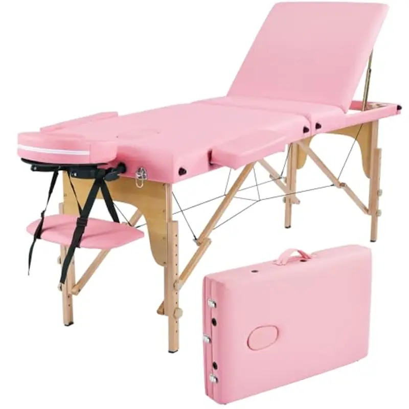 Yaheetech Lettino da Massaggio Portatile a 3 Zone Pieghevole in Legno Faggio 213 x 57 cm Altezza Regolabile con Poggiatesta Rosa