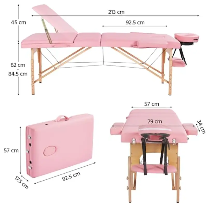 Yaheetech Lettino da Massaggio Portatile a 3 Zone Pieghevole in Legno Faggio 213 x 57 cm Altezza Regolabile con Poggiatesta Rosa miniatura 2
