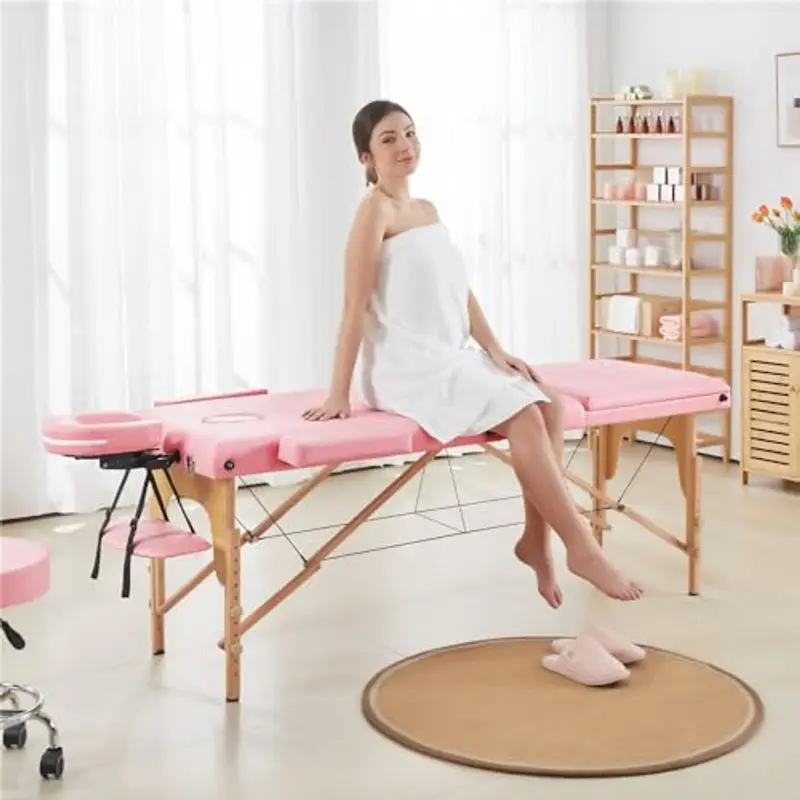 Yaheetech Lettino da Massaggio Portatile a 3 Zone Pieghevole in Legno Faggio 213 x 57 cm Altezza Regolabile con Poggiatesta Rosa miniatura 3