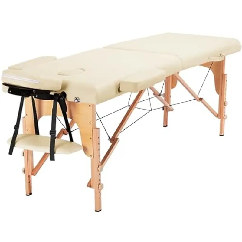 Yaheetech Lettino da Massaggio Portatile Pieghevole 2 Zone in Legno Faggio per Fisioterapia Altezza Regolabile Poggiatesta Briaccioli Rimovibili Sacchetto per Polvere 213 x 60 cm/Beige