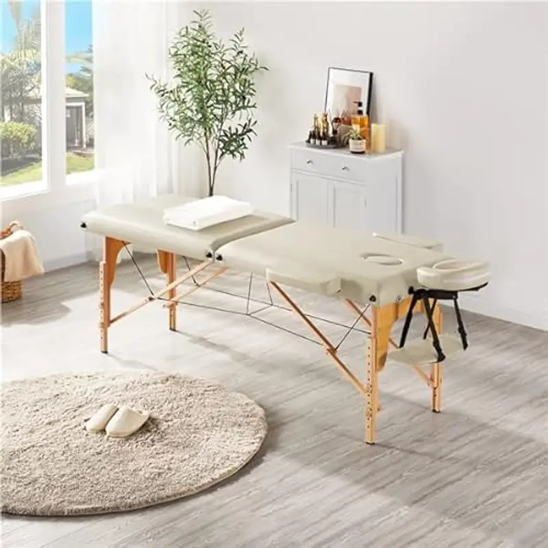 Yaheetech Lettino da Massaggio Portatile Pieghevole 2 Zone in Legno Faggio per Fisioterapia Altezza Regolabile Poggiatesta Briaccioli Rimovibili Sacchetto per Polvere 213 x 60 cm/Beige miniatura 3