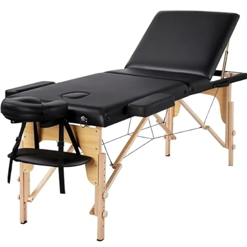 Yaheetech Lettino Massaggio Portatile Pieghevole a 3 Zone in Legno Faggio 213 x 57 cm per Fisioterapia Portata 250 kg Altezza Regolabile Poggiatesta e Braccioli Rimovibili con Sacchetto per Polvere