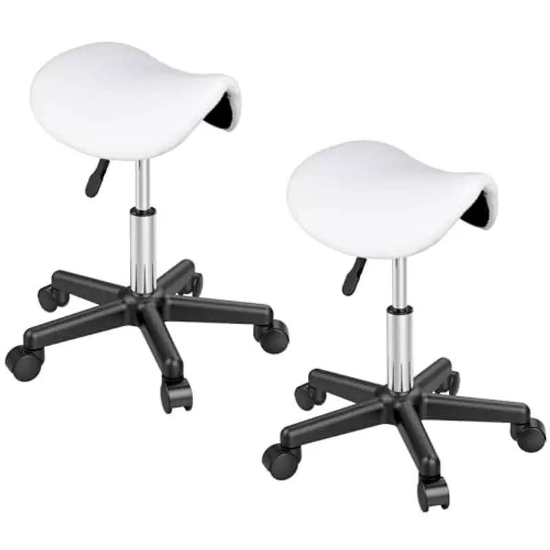 Yaheetech Sgabello a Sella con Ruote Regolabile in Altezza Sedia Estetista Trucco Girevole Ergonomico per Massaggio Salone Parrucchiere Bianco