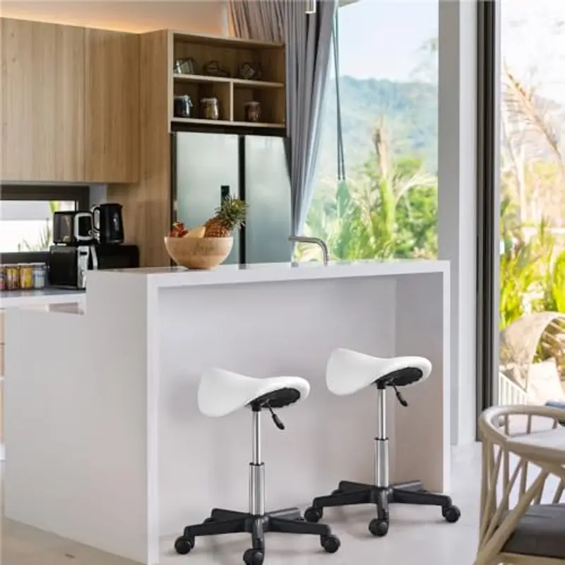 Yaheetech Sgabello a Sella con Ruote Regolabile in Altezza Sedia Estetista Trucco Girevole Ergonomico per Massaggio Salone Parrucchiere Bianco miniatura 2