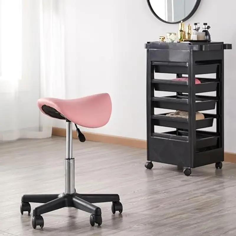 Yaheetech Sgabello a Sella con Ruote Regolabile in Altezza Sedia Estetista Trucco Girevole Ergonomico Salone Parrucchiere Studio Rosa miniatura 2