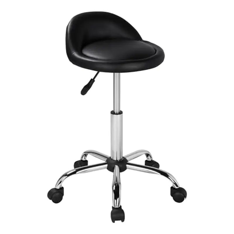 Yaheetech Sgabello con Ruote Regolabile in Altezza con Schienale Sedia Estetista Girevole per Toeletta Trucco Parrucchiere Salone in Ecopelle Nero