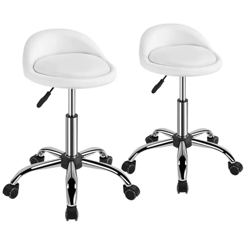 Yaheetech Sgabello Estetista con Ruote Regolabile in Altezza Sedia per Toeletta Trucco Girevole con Schienale Parrucchiere Salone in Ecopelle Bianco