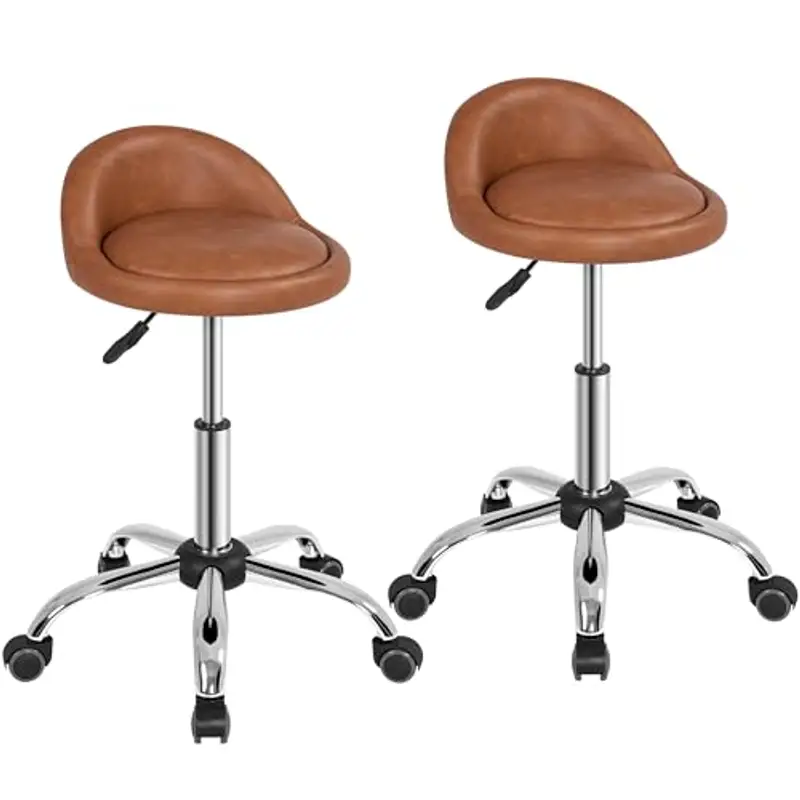 Yaheetech Sgabello Estetista con Ruote Regolabile in Altezza Sedia per Toeletta Trucco Girevole con Schienale Parrucchiere Salone in Ecopelle Marrone