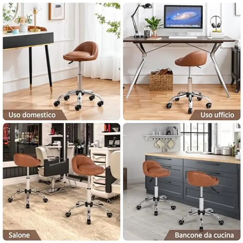 Yaheetech Sgabello Estetista con Ruote Regolabile in Altezza Sedia per Toeletta Trucco Girevole con Schienale Parrucchiere Salone in Ecopelle Marrone miniatura 3