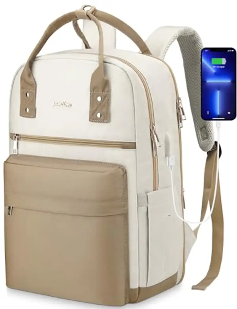 YAMTION Zaino Donna PC 15,6 Pollici,Zaini Ragazza Scuola Superiore e Media con Porta USB e Scomparto per Laptop,Beige