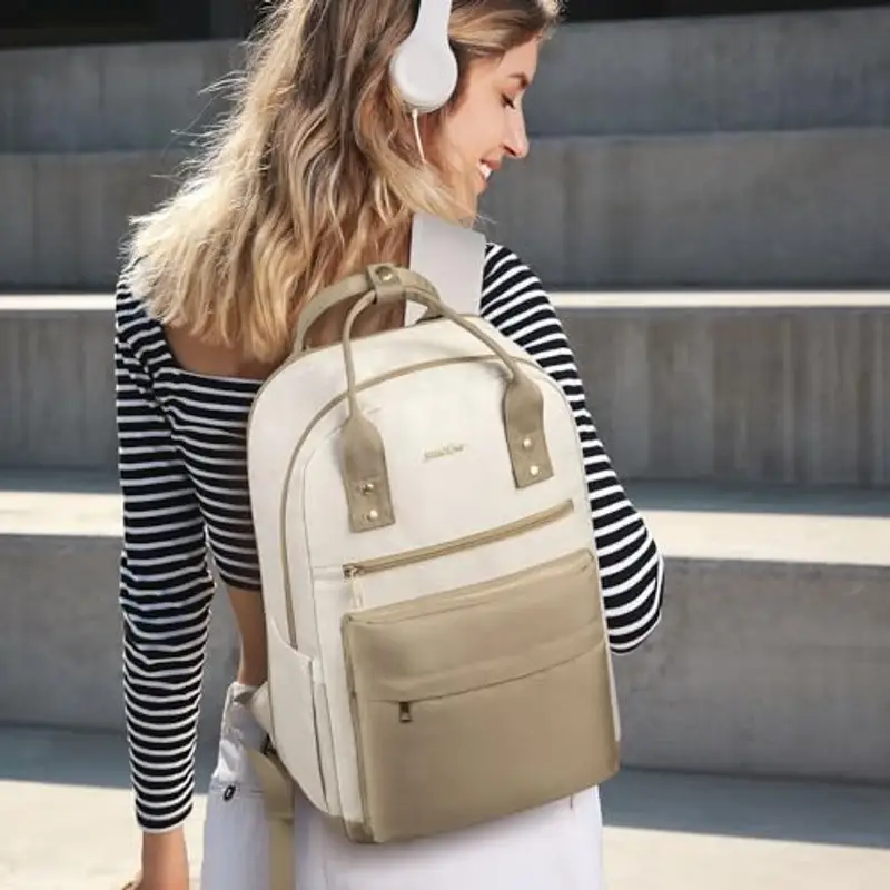 YAMTION Zaino Donna PC 15, 6 Pollici, Zaini Ragazza Scuola Superiore e Media con Porta USB e Scomparto per Laptop, Beige miniatura 2