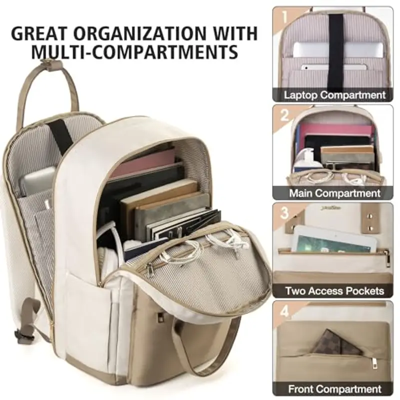 YAMTION Zaino Donna PC 15, 6 Pollici, Zaini Ragazza Scuola Superiore e Media con Porta USB e Scomparto per Laptop, Beige miniatura 3