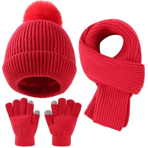 Yaopelky Kid Boy Girl Beanie Hat Schal Touchscreen Guanti Set Caldo Berretto Berretto con Pompon Sciarpa Lunga Collo