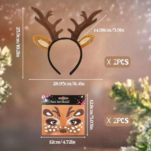 YAUOIPI 4 Pezzi Cerchietti Natalizi con Renna e Tatuaggio Facciale di Cervo, Grazioso Cerchietto con Corna miniatura 2