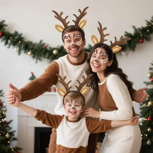 YAUOIPI 4 Pezzi Cerchietti Natalizi con Renna e Tatuaggio Facciale di Cervo, Grazioso Cerchietto con Corna miniatura 3