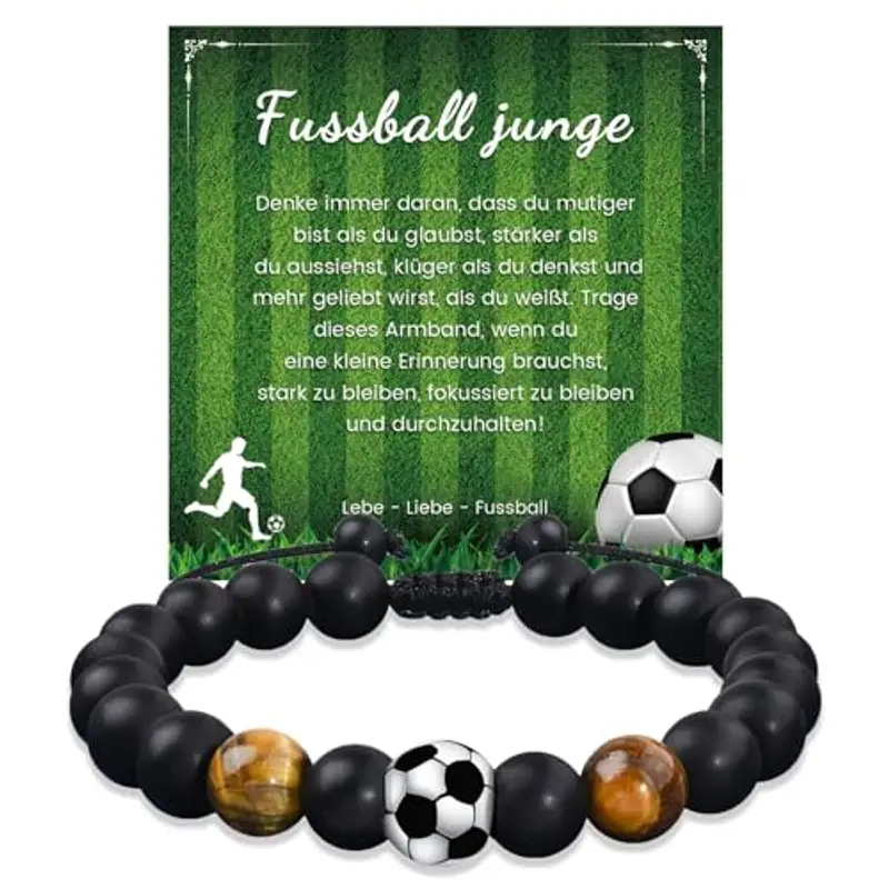 YELUWA Bracciale da Calcio Regali per Ragazzi Adolescenti, 5 6 7 8 9 10 11 12 Anni Regalo di Compleanno per Ragazzi, Figlio, Nipote e Fratello, Bracciale Calcio 3D Pietra Naturale Occhio di Tigre