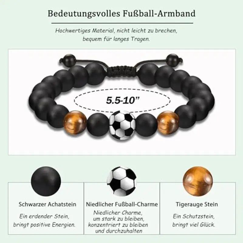 YELUWA Bracciale da Calcio Regali per Ragazzi Adolescenti, 5 6 7 8 9 10 11 12 Anni Regalo di Compleanno per Ragazzi, Figlio, Nipote e Fratello, Bracciale Calcio 3D Pietra Naturale Occhio di Tigre miniatura 2