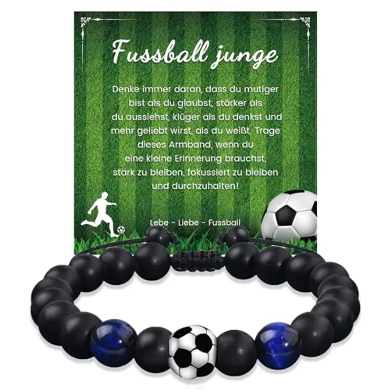 YELUWA Bracciale da Calcio Regali per Ragazzi Adolescenti, 5 6 7 8 9 10 11 12 Anni Regalo di Compleanno per Ragazzi, Figlio, Nipote e Fratello, Bracciale Calcio 3D Pietra Naturale Occhio di Tigre Blu