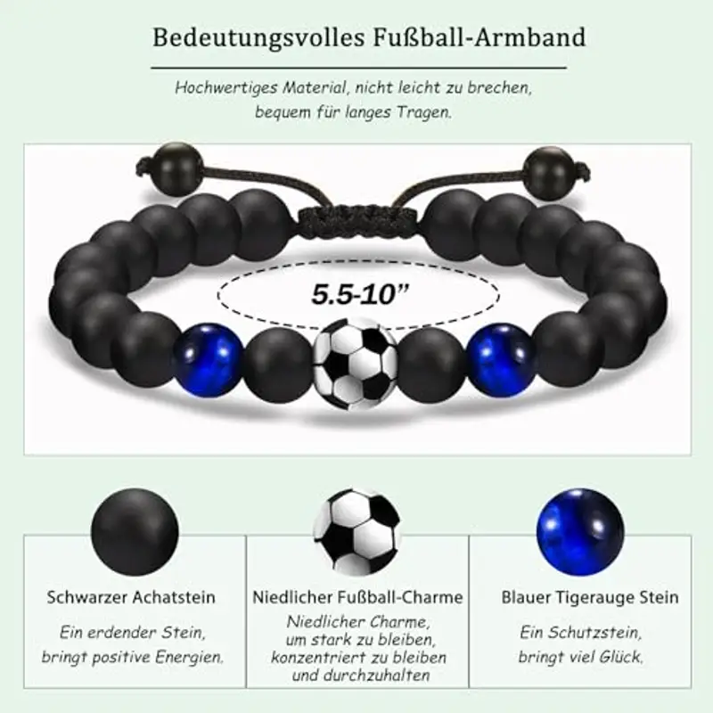 YELUWA Bracciale da Calcio Regali per Ragazzi Adolescenti, 5 6 7 8 9 10 11 12 Anni Regalo di Compleanno per Ragazzi, Figlio, Nipote e Fratello, Bracciale Calcio 3D Pietra Naturale Occhio di Tigre Blu miniatura 3