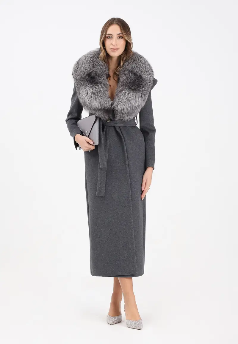 Cappotto grigio da donna con collo in vera pelliccia miniatura 2