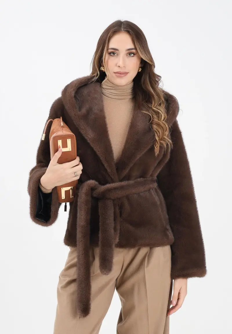 Ecopelliccia marrone da donna miniatura 2