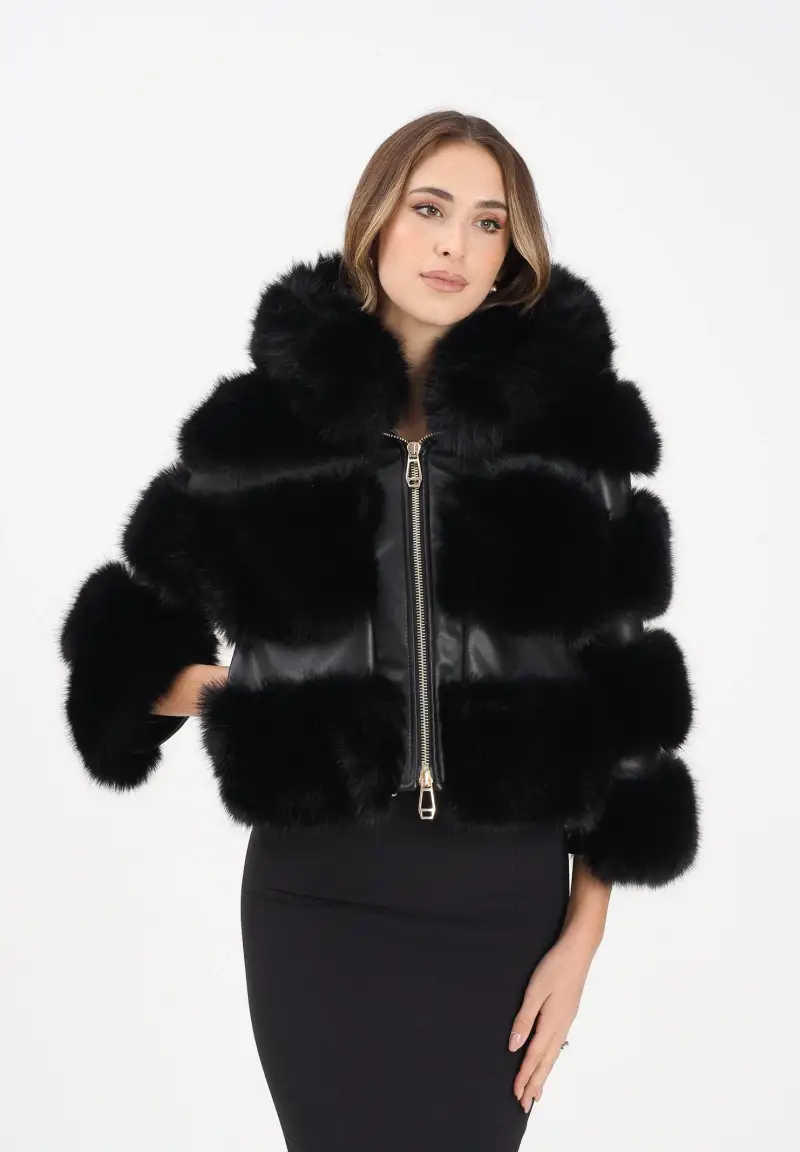 Giubbotto in simil pelle nero da donna con ecopelliccia miniatura 2