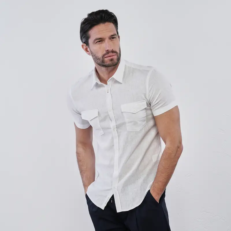 Camicia bianca da uomo misto lino con maniche corte