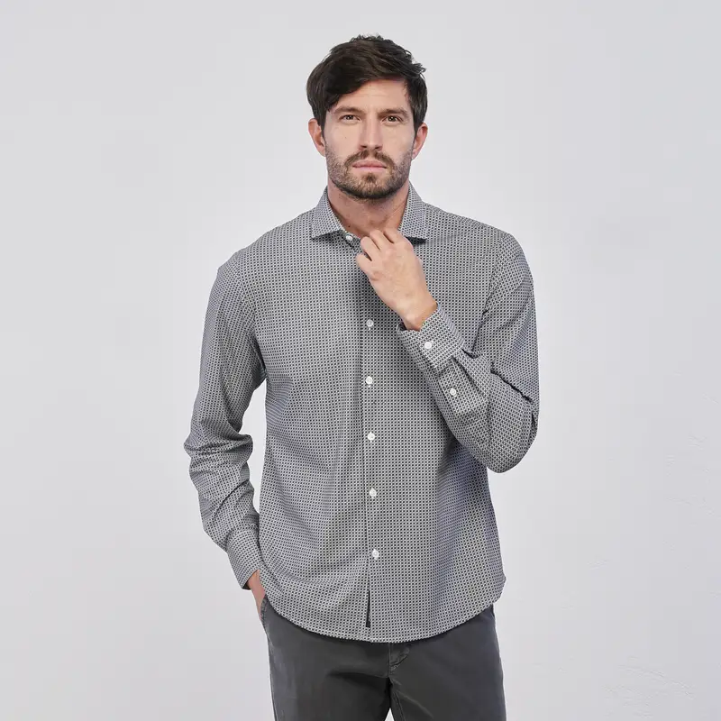 Camicia blu da uomo in tessuto tecnico stampa check