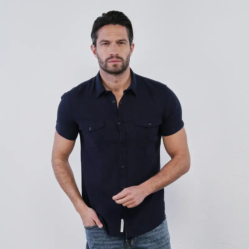 Camicia blu da uomo misto lino con maniche corte