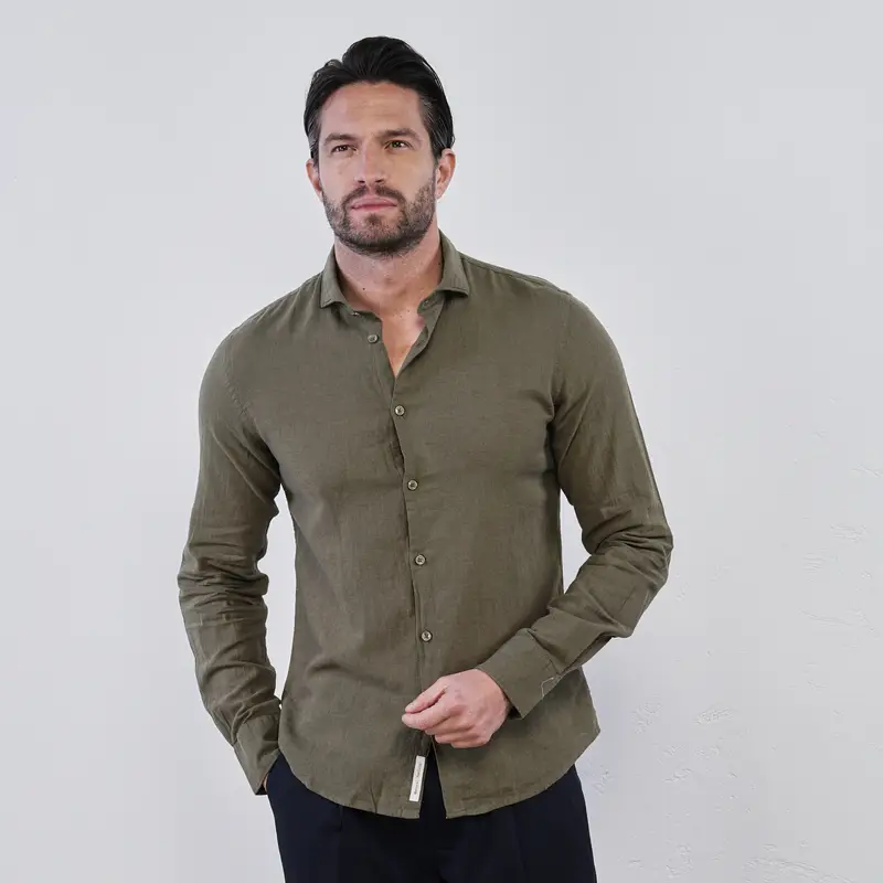 Camicia verde da uomo misto lino con bottoni
