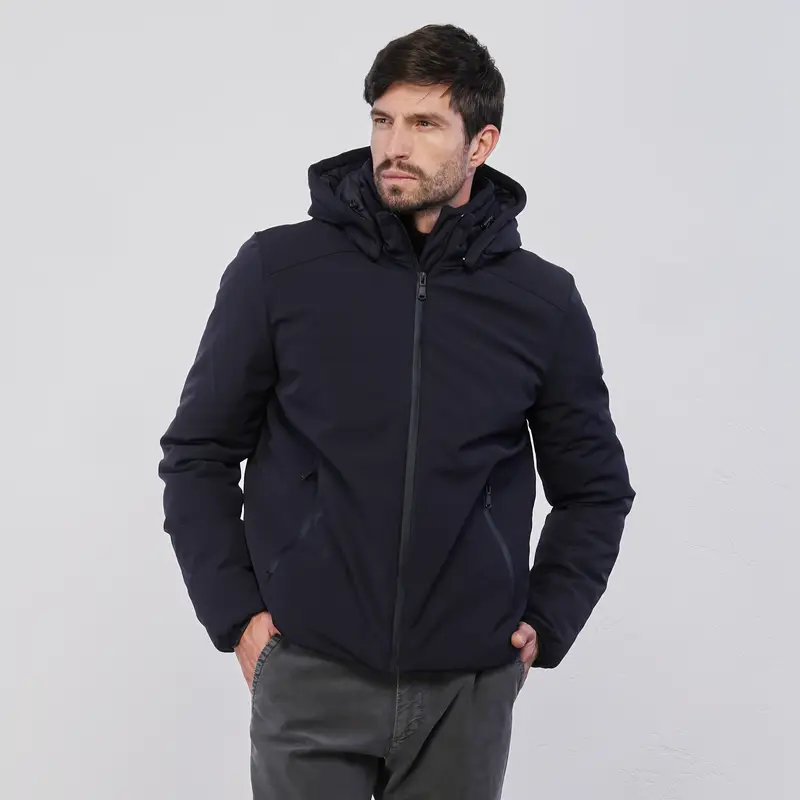 Giacca blu da uomo con zip e cappuccio