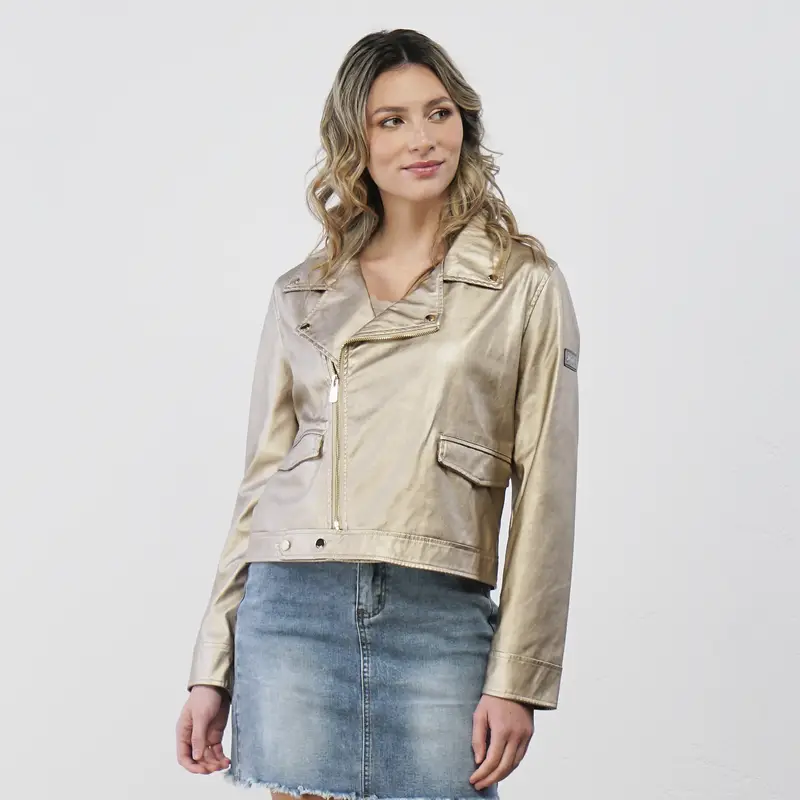Giacca oro in ecopelle con tasche e zip