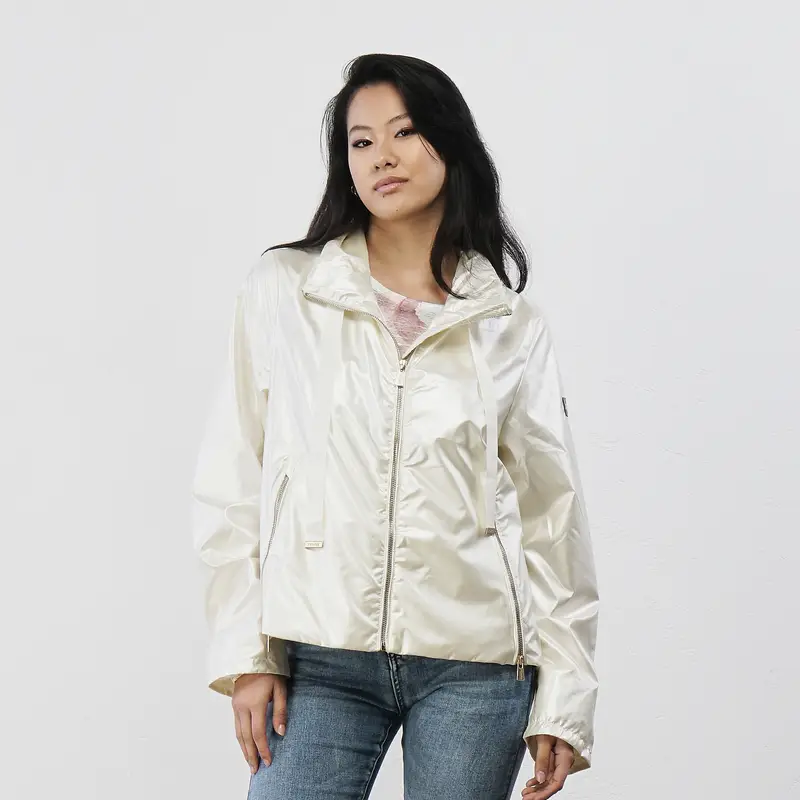 Giacca panna da donna in tessuto anti-pioggia con cappuccio