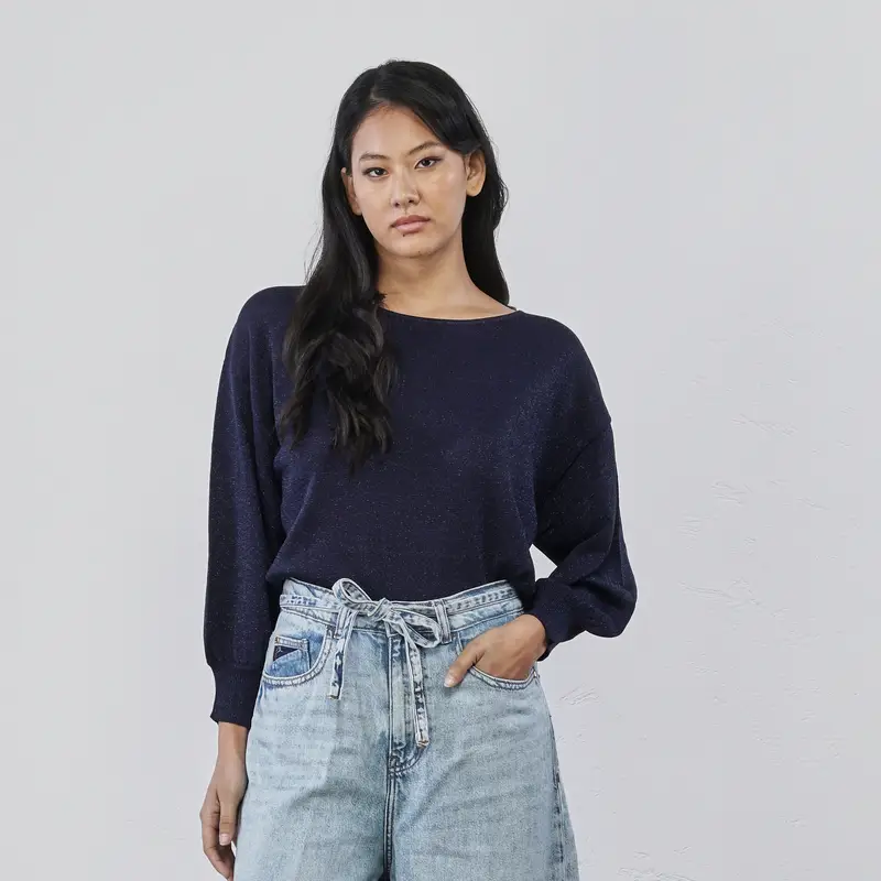 Maglia leggera blu da donna in tessuto lurex