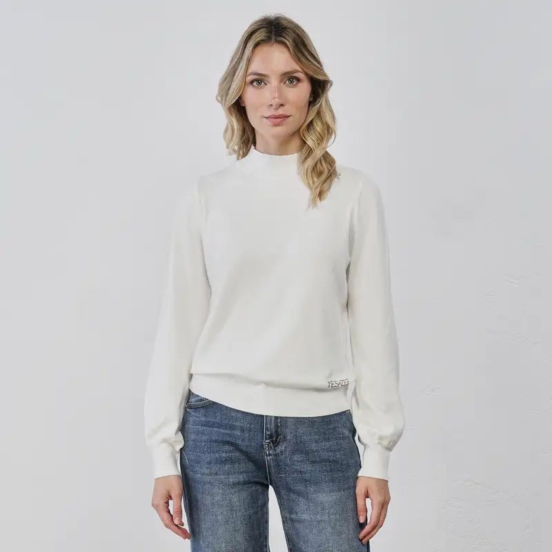 Maglioncino bianco lupetto da donna con scritta logo in strass