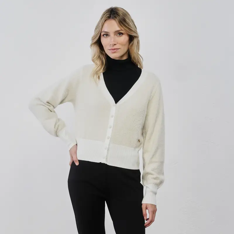 Maglioncino corto bianco da donna in tessuto peluche lurex con bottoni