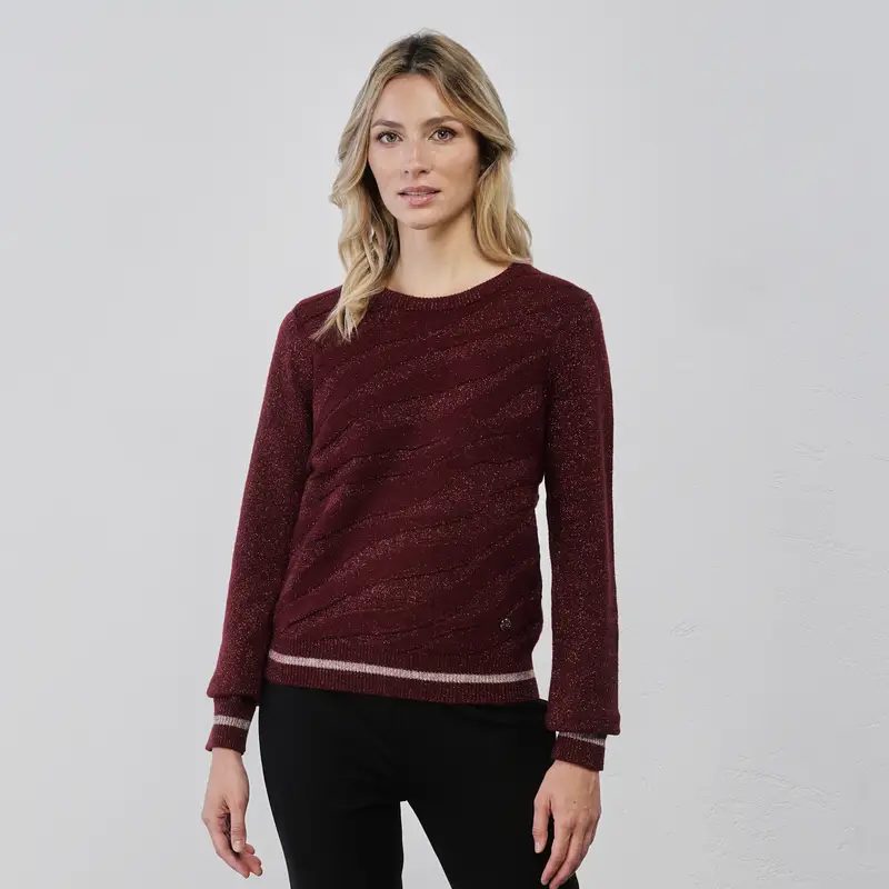 Maglioncino viola in tessuto lurex da donna con dettaglio ricamo animalier