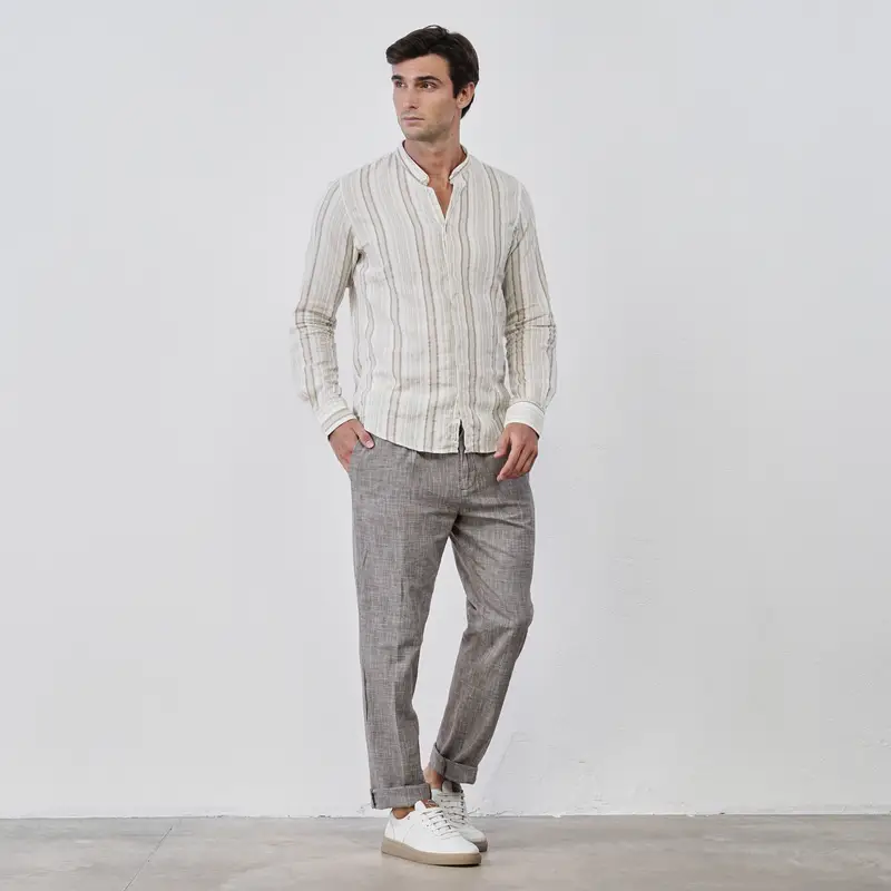 Pantaloni marroni lunghi da uomo in tessuto misto lino