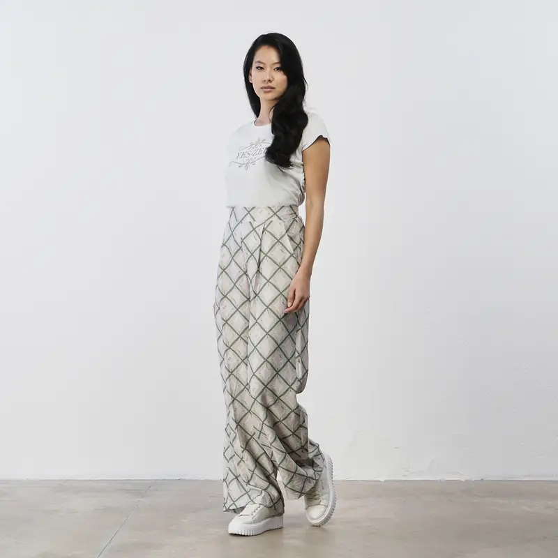 Pantaloni verdi a palazzo da donna fantasia geometrica